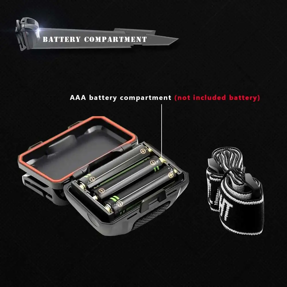 Linterna frontal LED impermeable 4 modos – luz flash roja y AAA