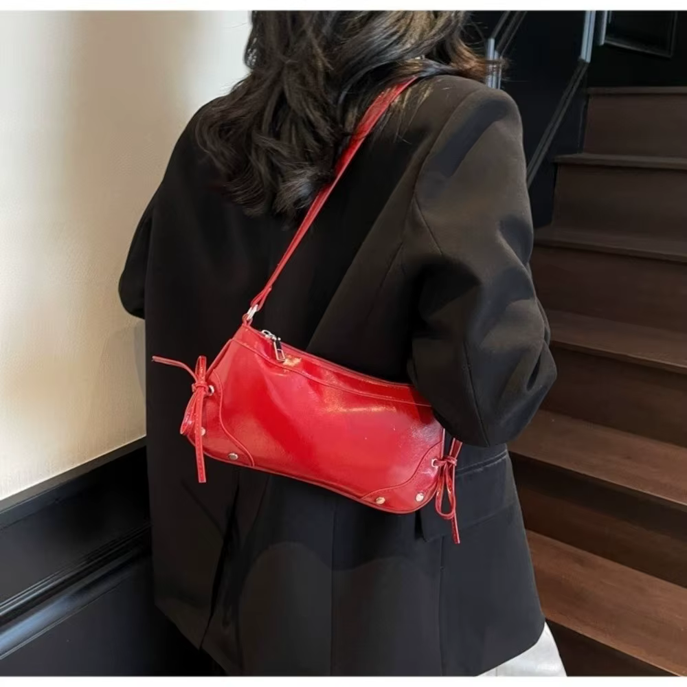 Bolso de axila Y2K con lazo – Polipiel color sólido para mujer - imagen 2