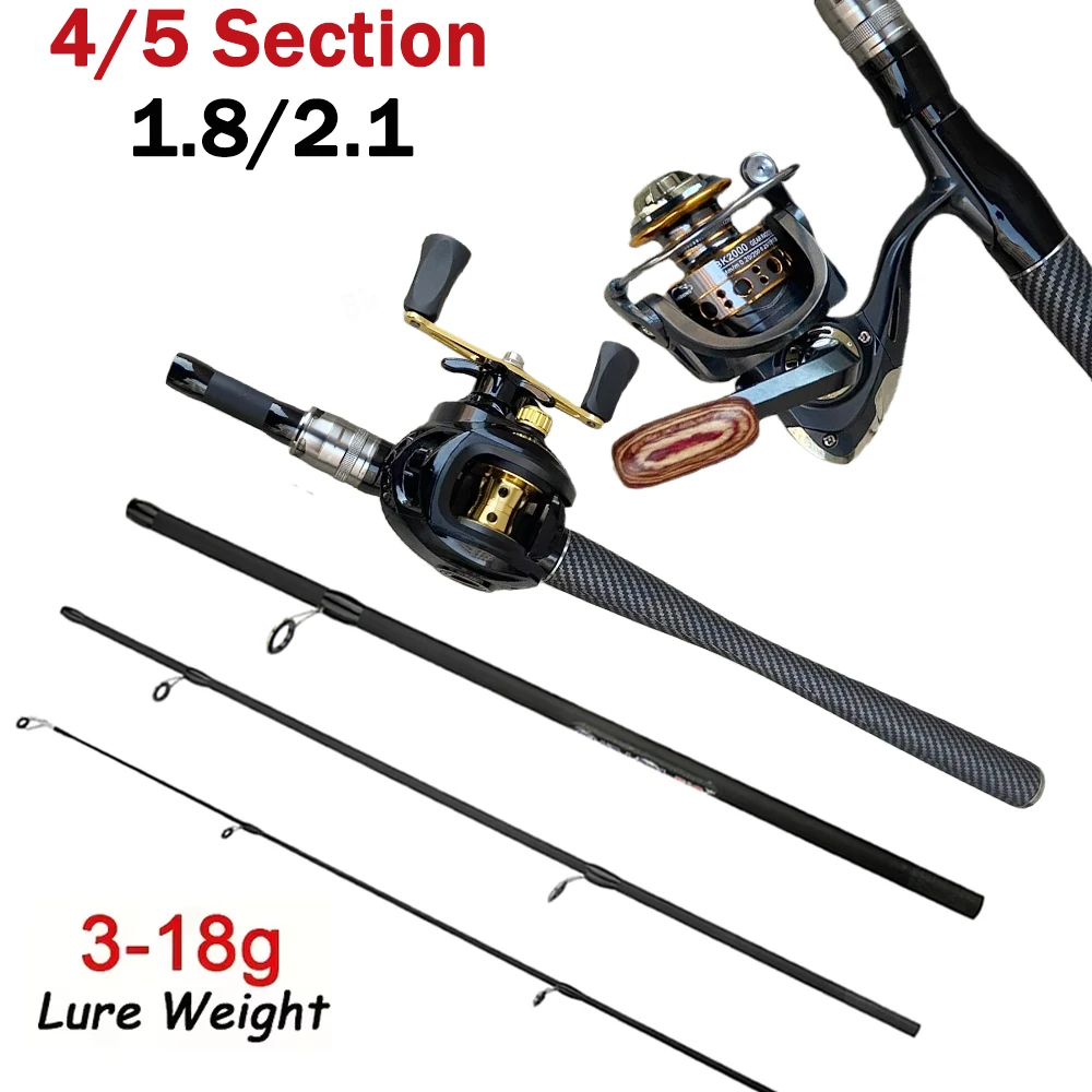 Combo pesca caña carbono con carrete spinning y baitcasting