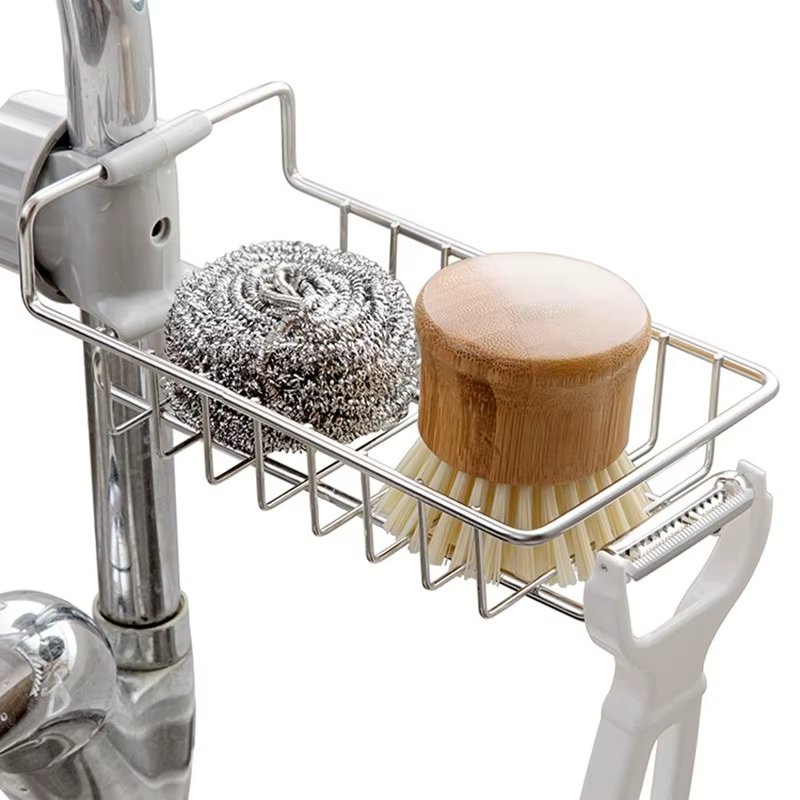 Organizador para grifo con espacio para guardar accesorios de fregadero