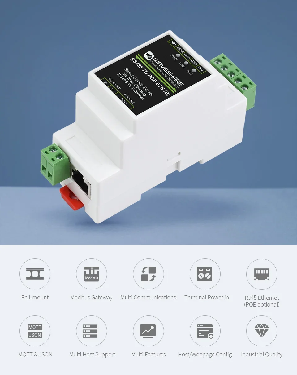 Gateway industrial RS485 a Ethernet en montaje en riel
