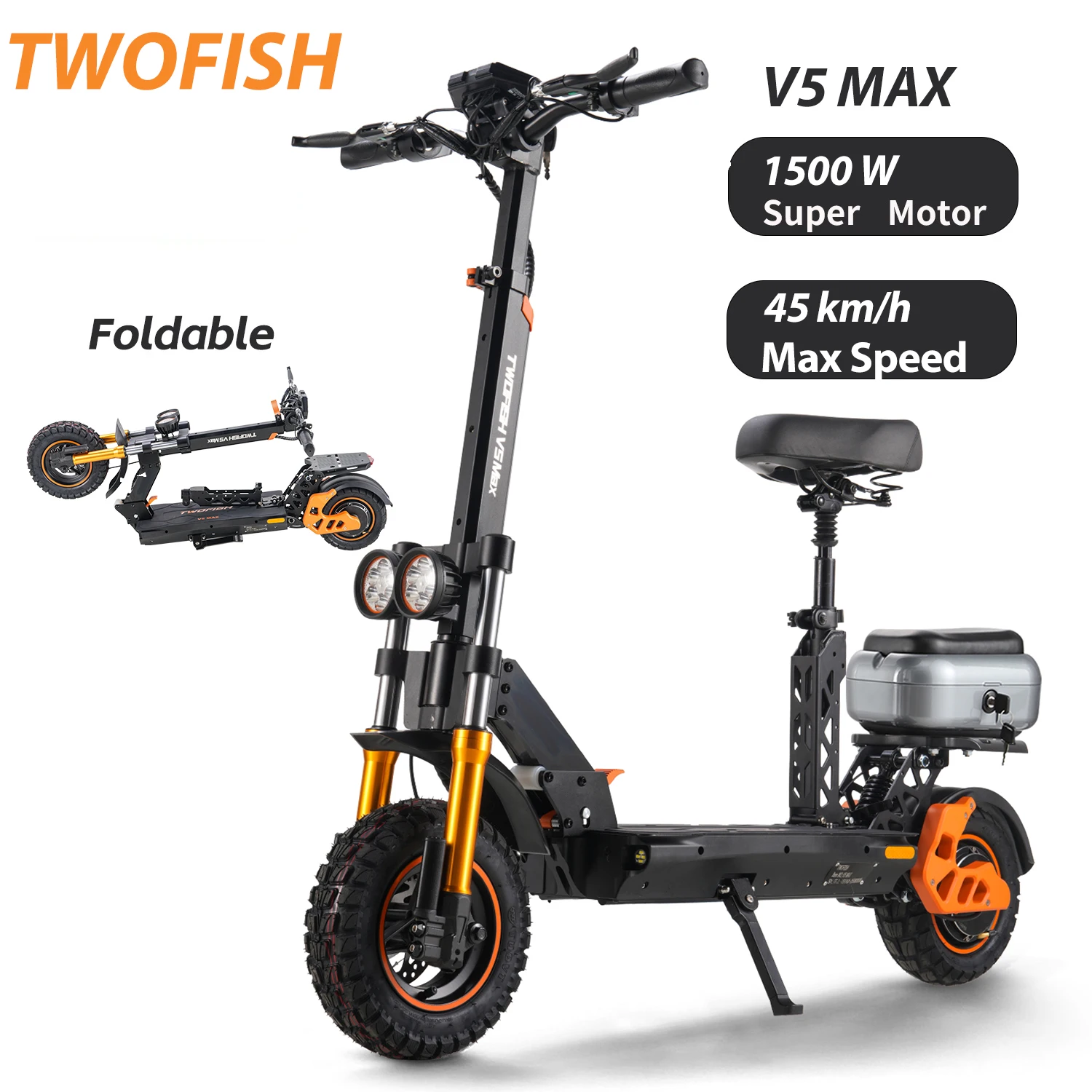 Patinete eléctrico TWOFISH V5 MAX 1500W – 45 km/h, 11 ″ y asiento plegable