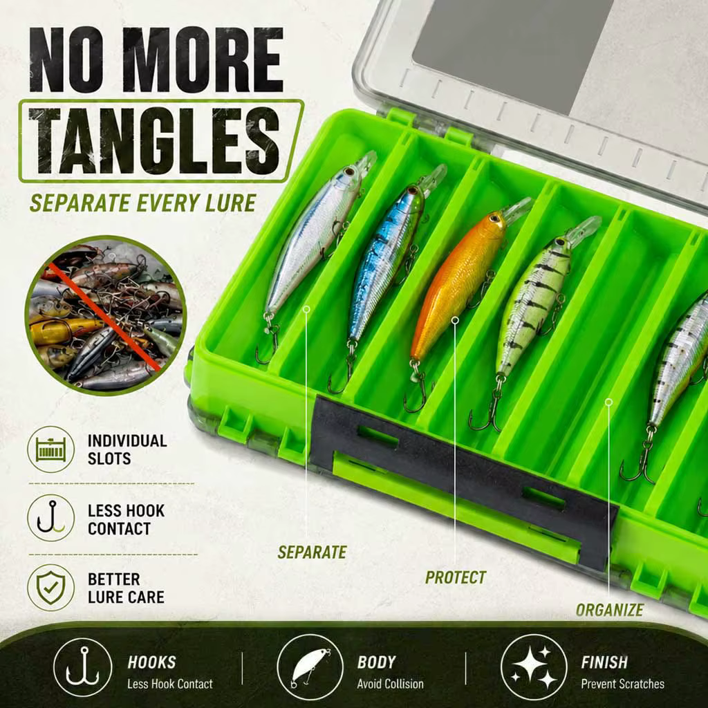 SAMOLLA Caja doble para señuelos de pesca con compartimentos grandes