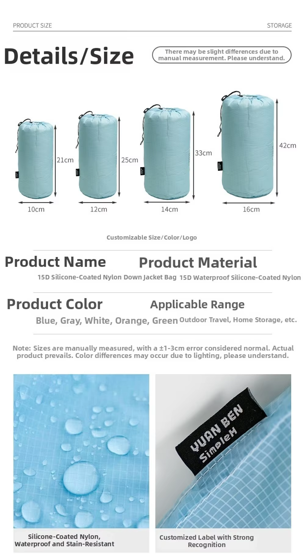 Variedad de colores de la bolsa de nailon con cordón y fondo redondo, bolsillo a prueba de polvo, bolsa ultraligera para viajes, acampada al aire libre, portátil, impermeable