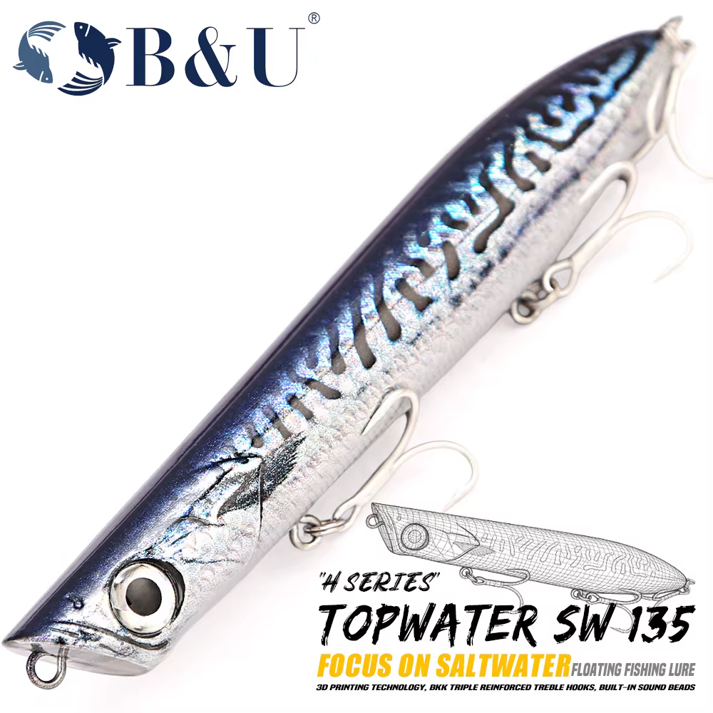 Señuelo Popper B&U 135 mm – Superficie salada con anzuelos BKK 3X - imagen 3