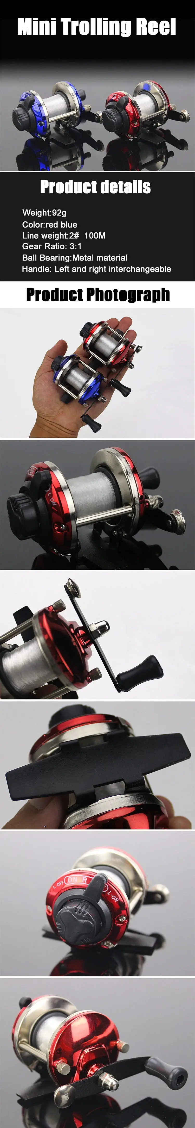 Carrete de tambor para pesca en hielo WEIHE1PC, con sistema de arrastre y acabado en color rojo/azul