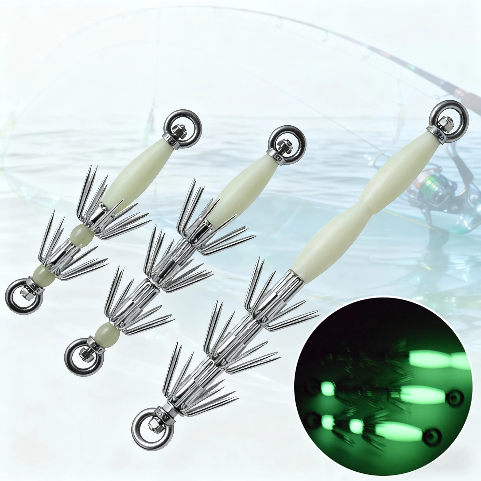Anzuelo calamar luminoso de tres capas inox para pesca en roca - imagen 3