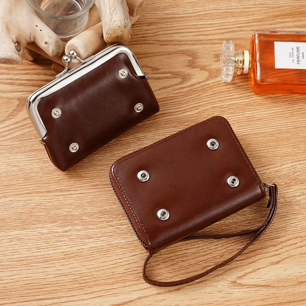 Cartera corta de cuero PU con correa y cierre, gran capacidad
