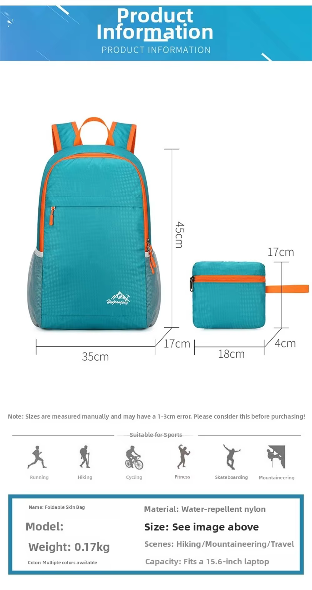 Mochila ultraligera para fitness y montañismo con portabotellas