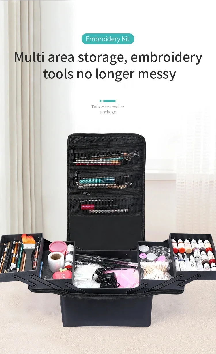 Estuche de maquillaje tipo tren con asa y múltiples niveles