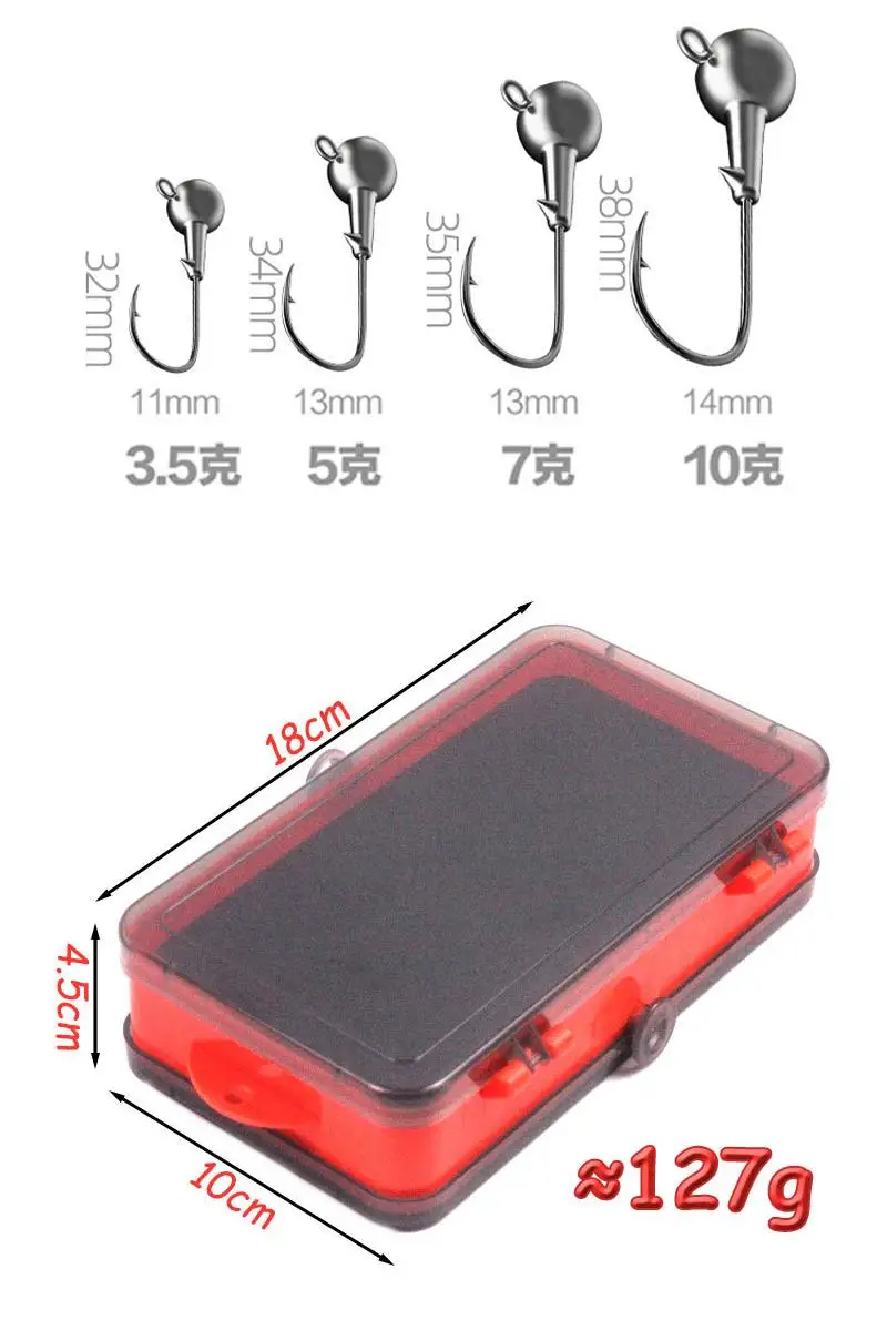 Distribución completa de todas las piezas del set: caja, anzuelos y cebos