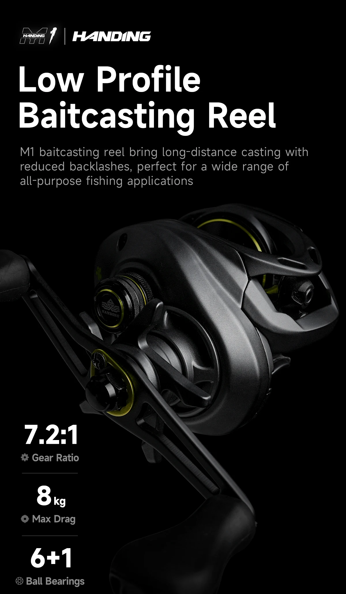 Carrete de pesca baitcast HANDING M1 vista frontal