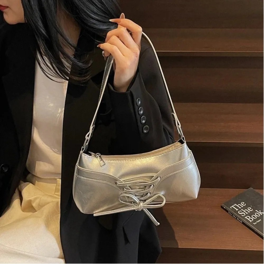Bolso de hombro en cuero PU para mujer con lazo moda y color sólido - imagen 2