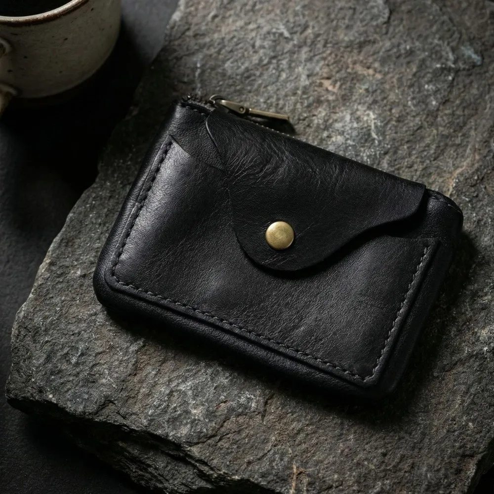 Cartera de cuero vintage con cremallera y monedero para hombre