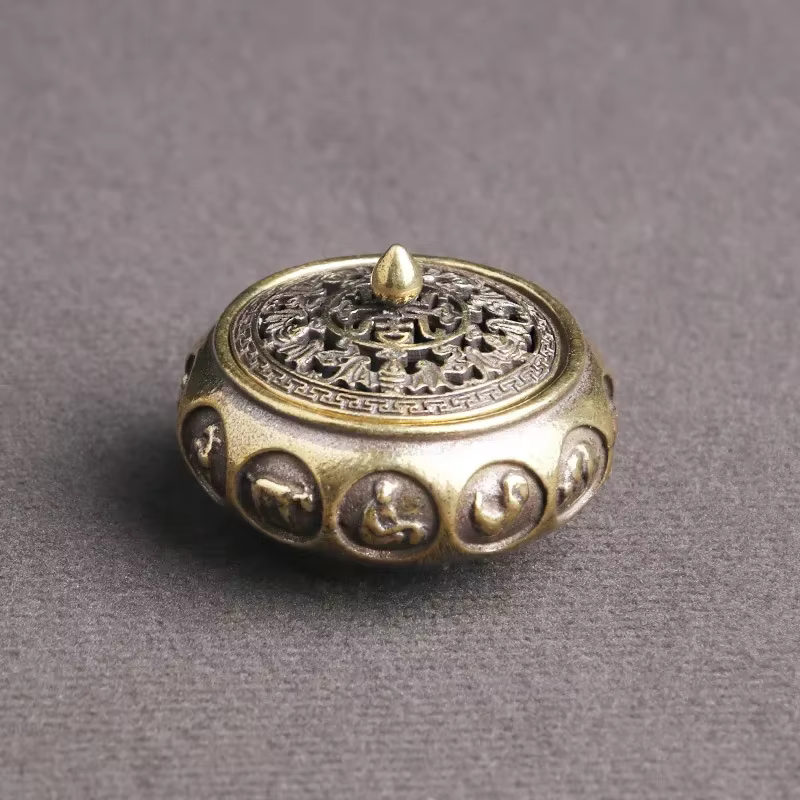 Quemador de incienso cobre hueco con soporte sándalo bronce antiguo