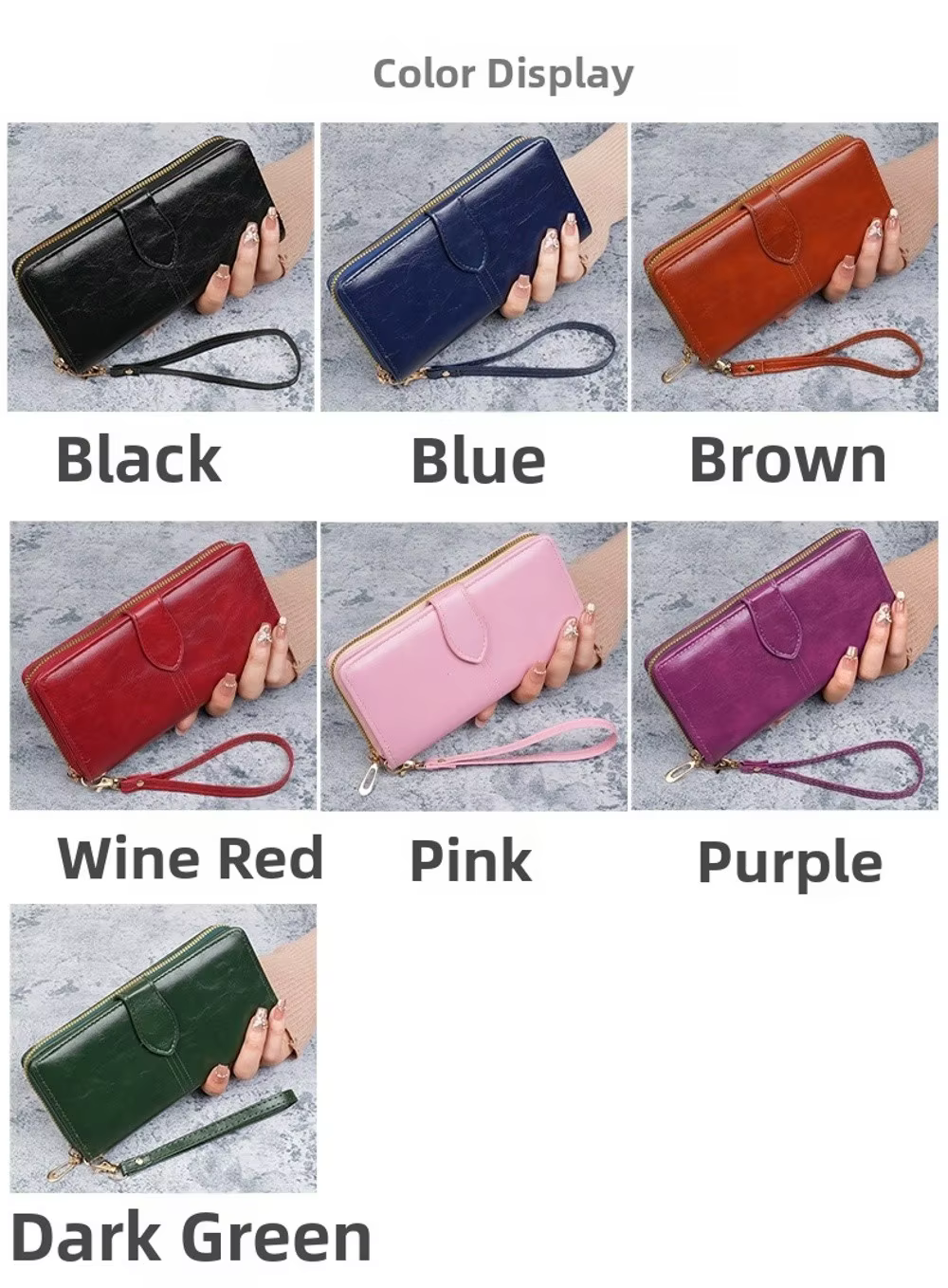 Cartera cerrada mostrando su diseño limpio y acabado encerado resistente