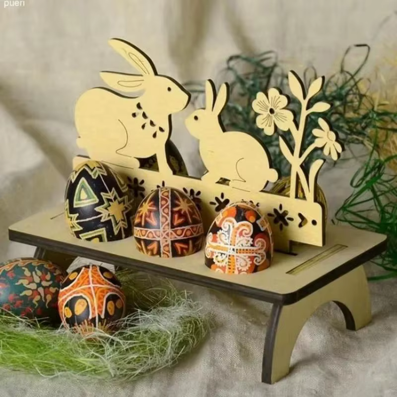 Soporte Madera Huevos Pascua con Forma de Conejo y Pollito – Decoración Mesa - imagen 2