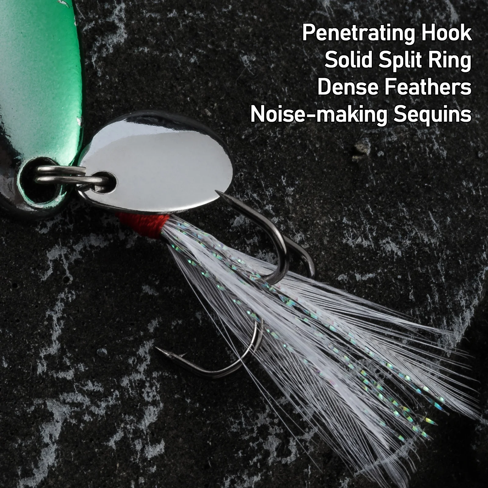 Feather tails and noise-making sequins close-up
