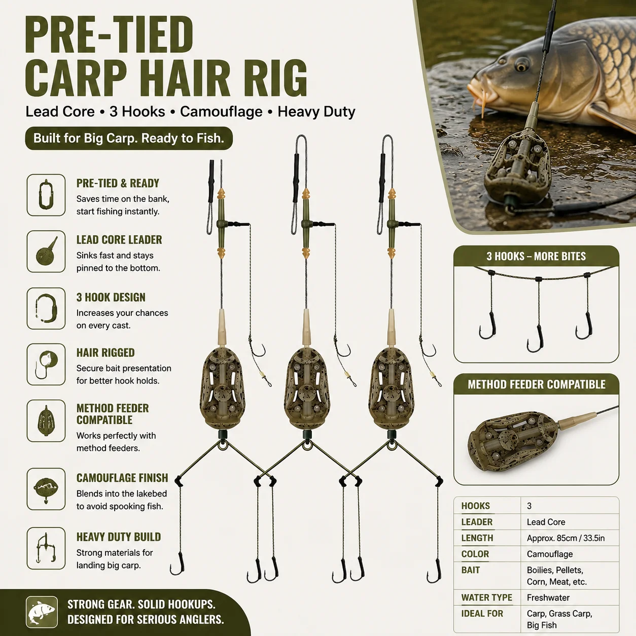 YOTO Hair Rig Pre-Tied para carpa camuflado con Leadcore resistente - imagen 5