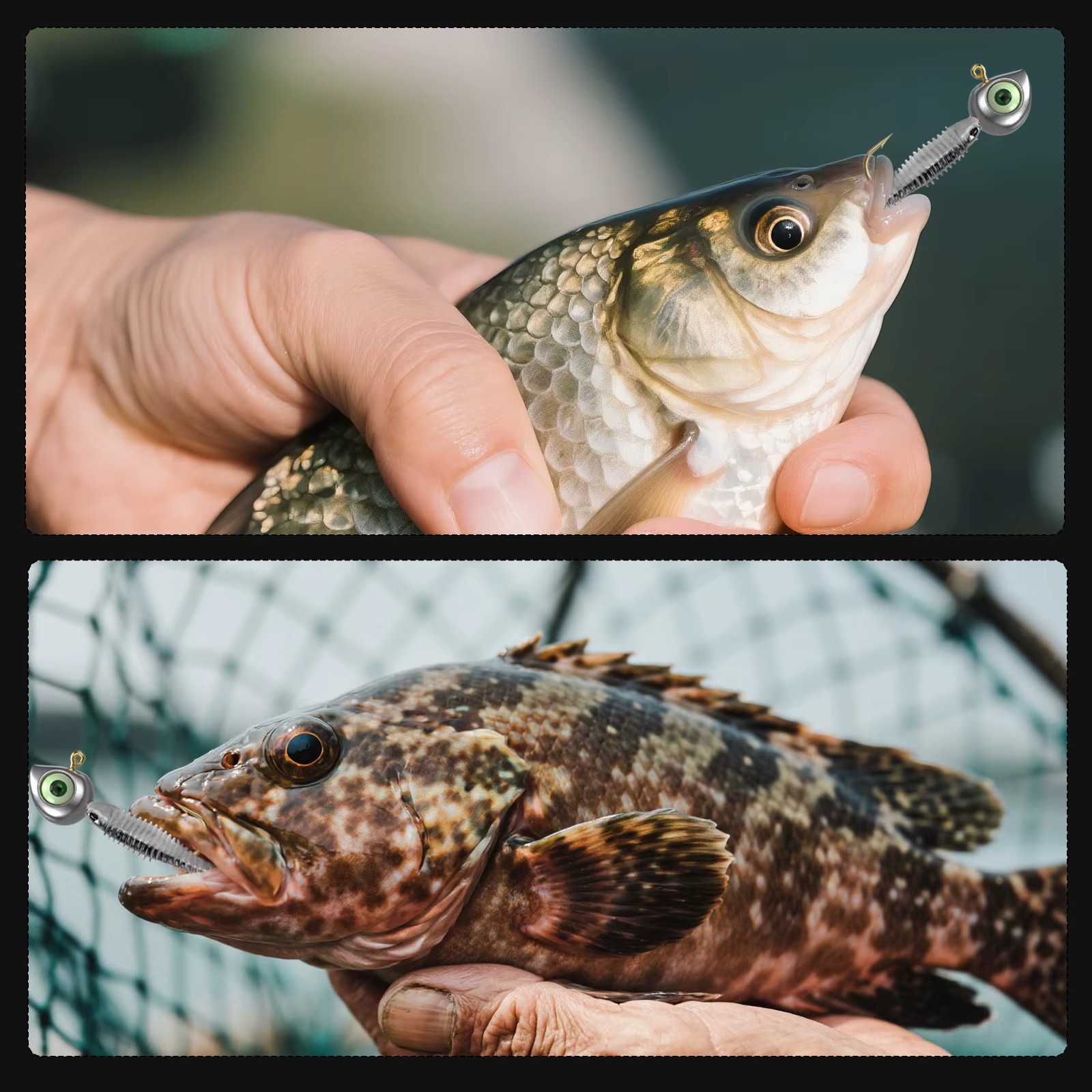 Anzuelo jig FishTrip en detalle sobre fondo oscuro