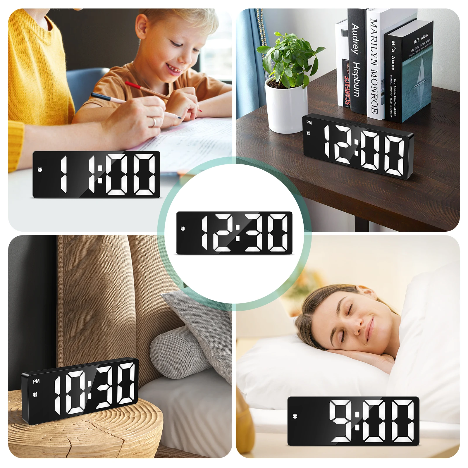 Reloj despertador digital LED ORIA con pantalla grande sobre mesita de noche
