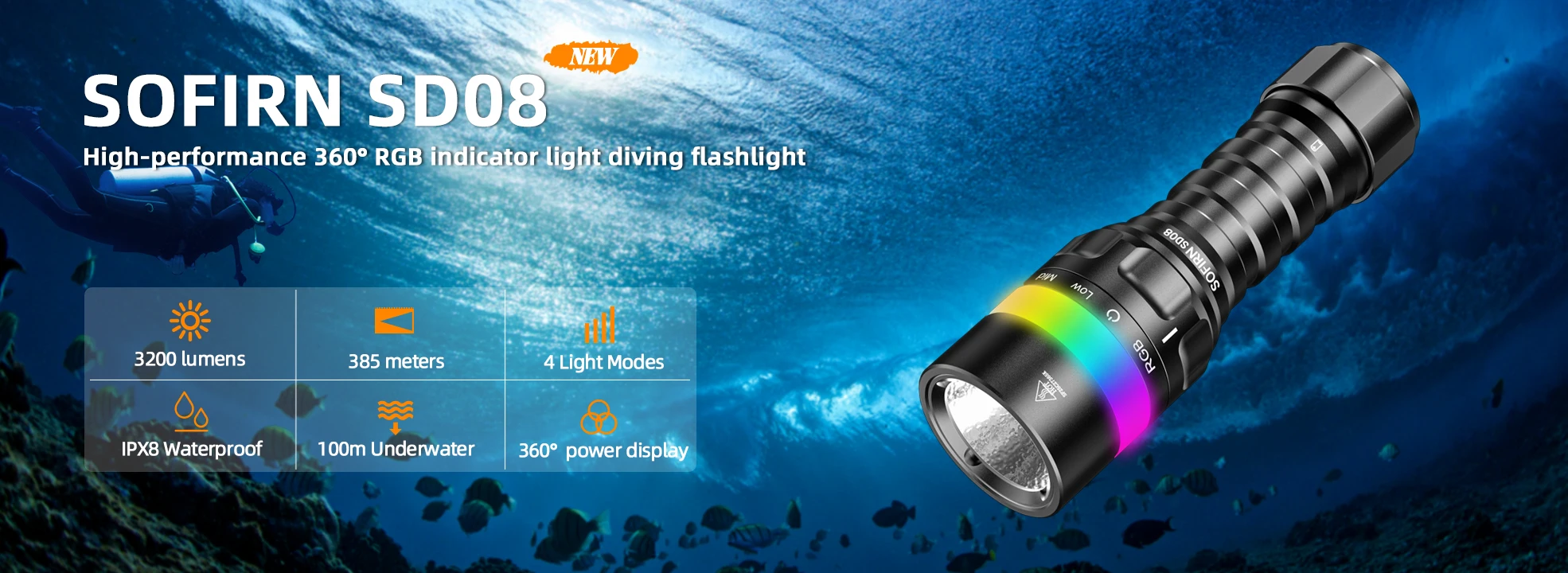 Linterna de buceo Sofirn SD08 con iluminación potente