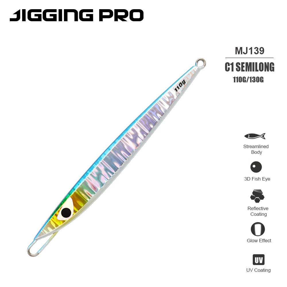 Vista lateral del señuelo metálico JIGGING PRO C1 mostrando su perfil semilargo