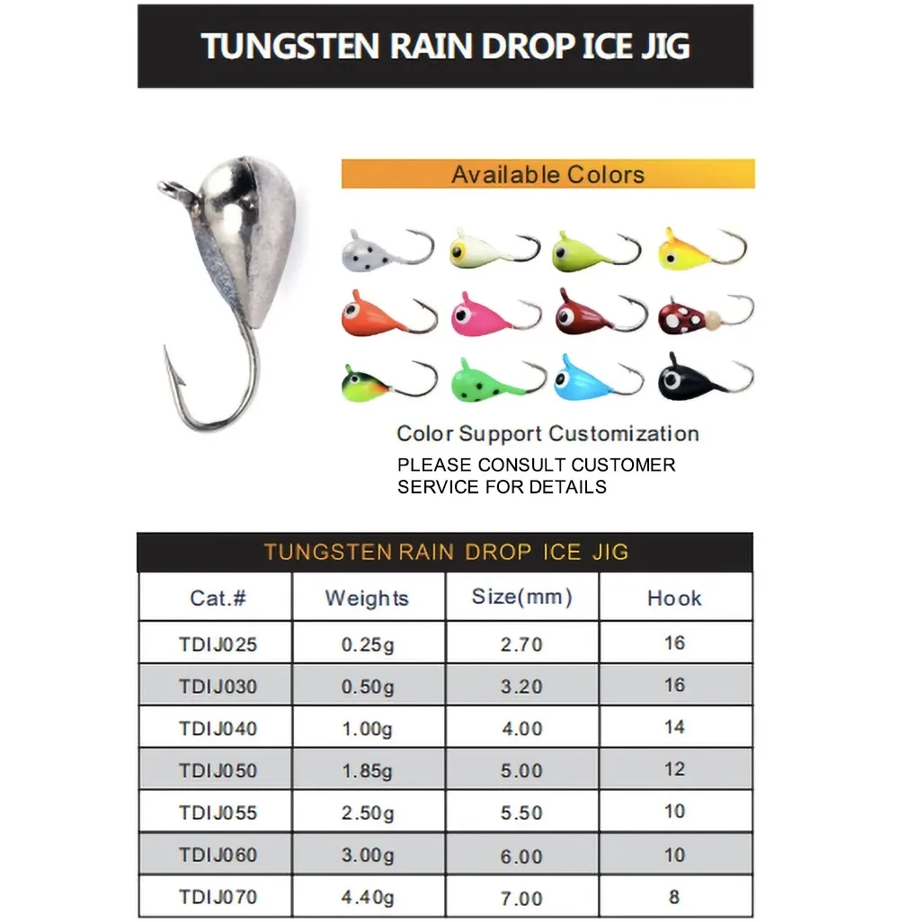Variedad de colores en jigs de tungsteno para hielo