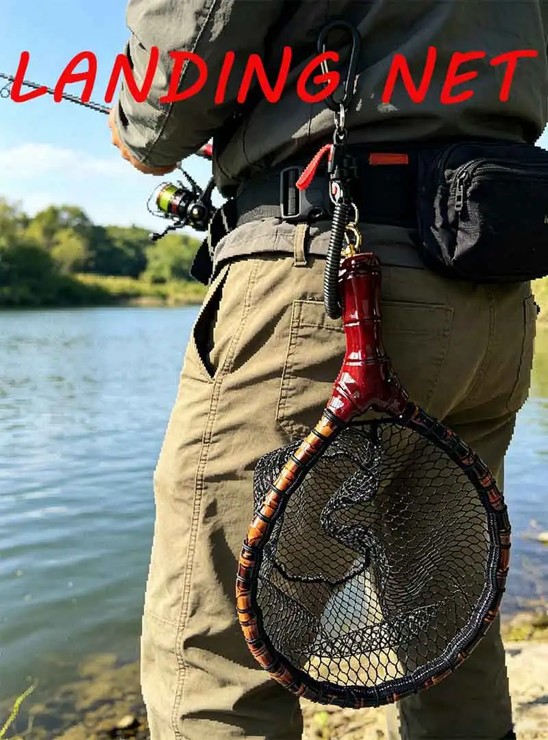 Red de pesca ligera con marco de bambú y cordón antipérdida
