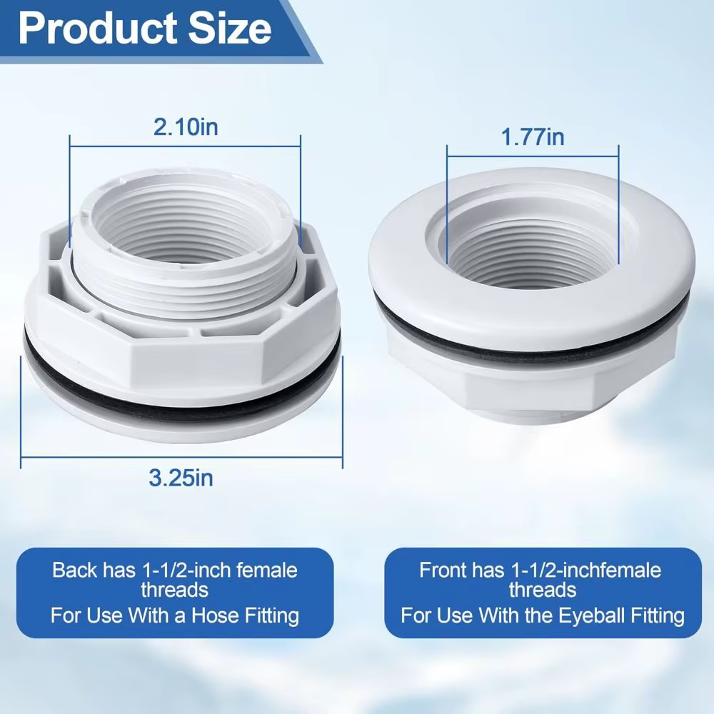 Conector de retorno blanco para piscina con junta y contratuerca