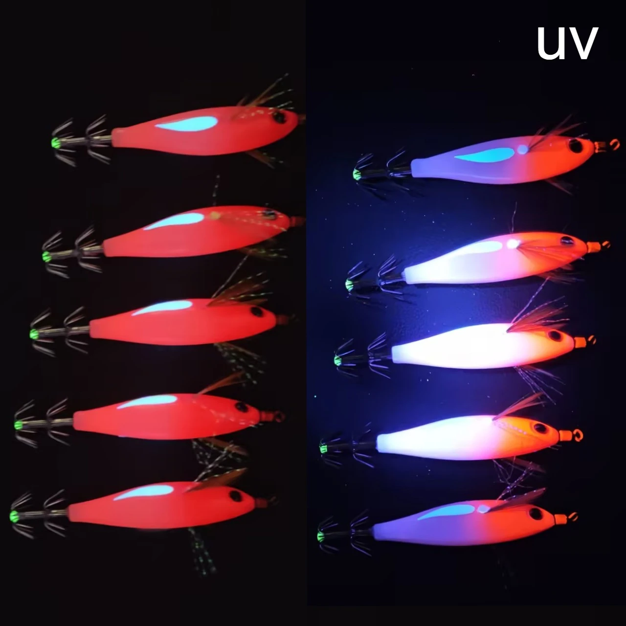 Detalle de señuelos luminosos para pesca