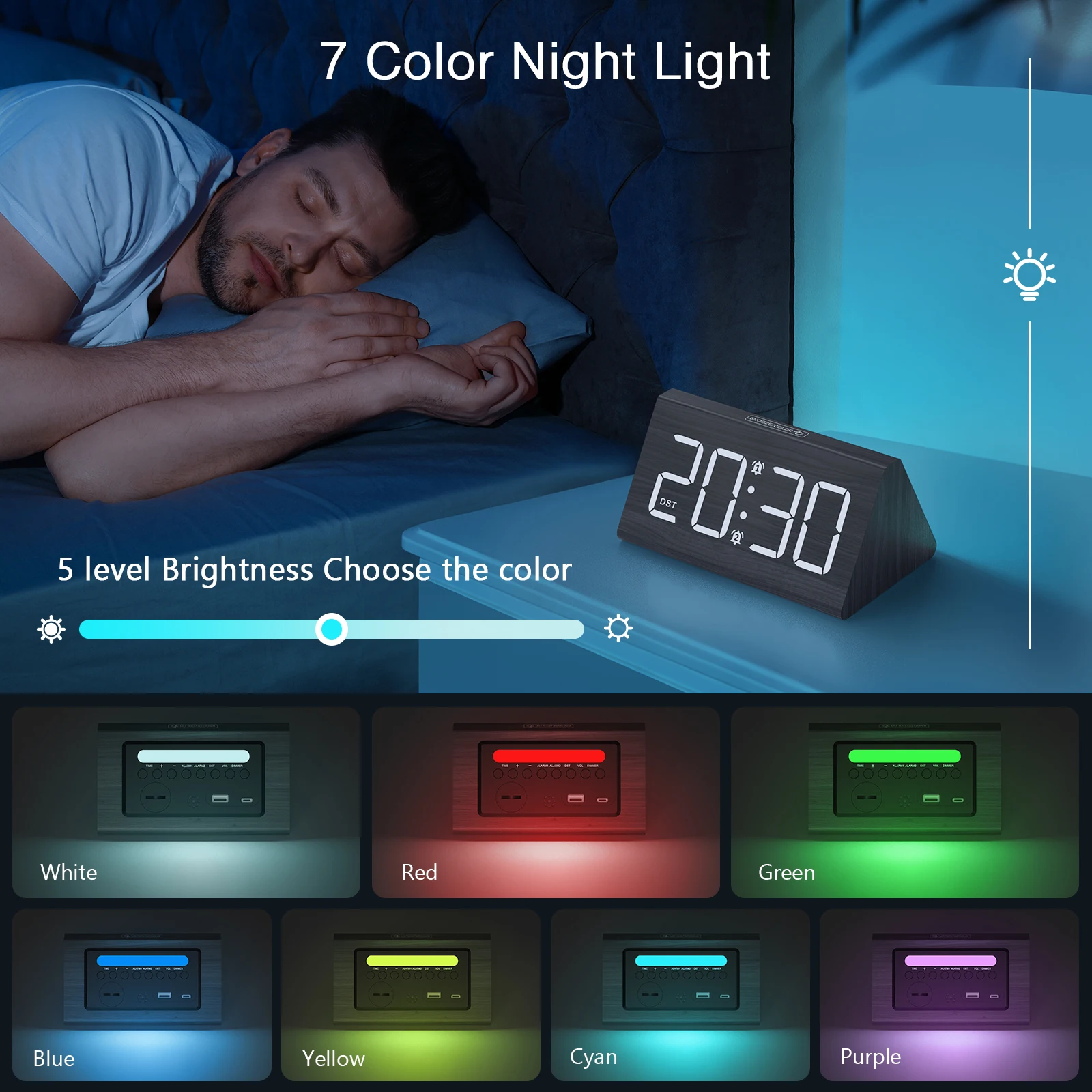Iluminación colorida y pantalla LED del reloj ORIA en un dormitorio