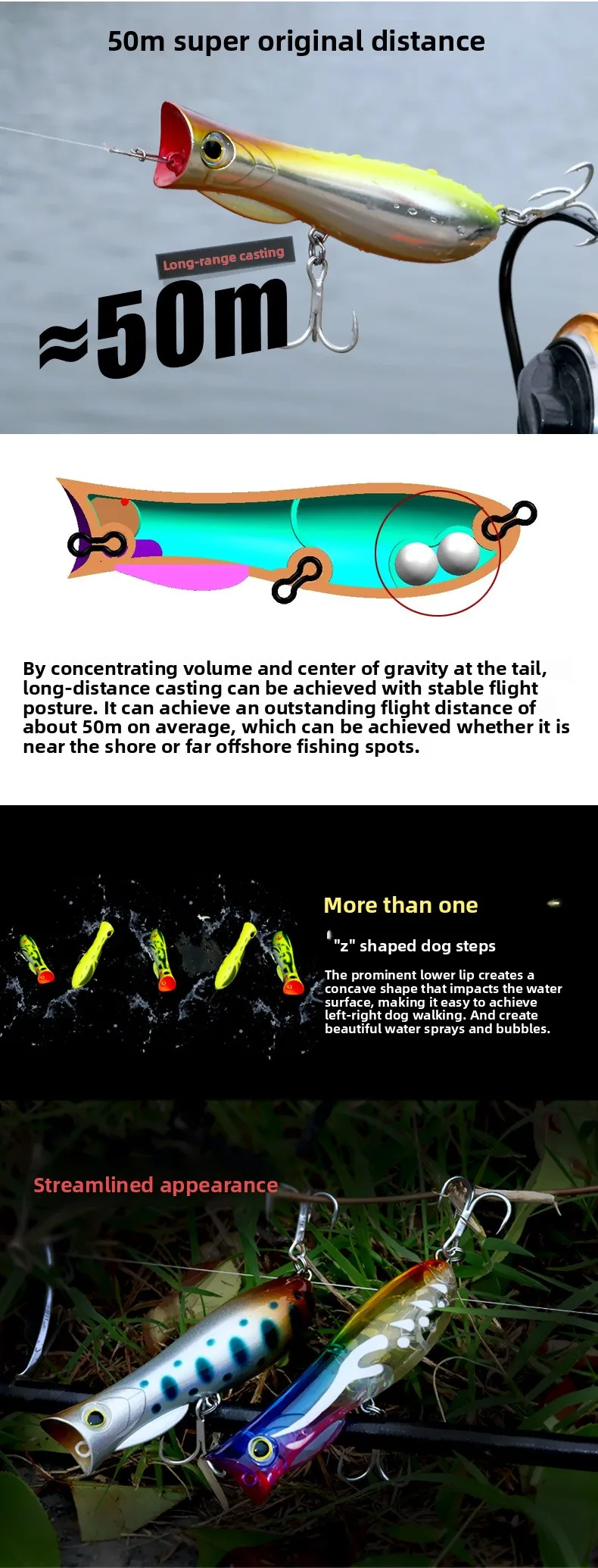 Señuelo MUKUN Topwater Popper visto desde diferentes ángulos
