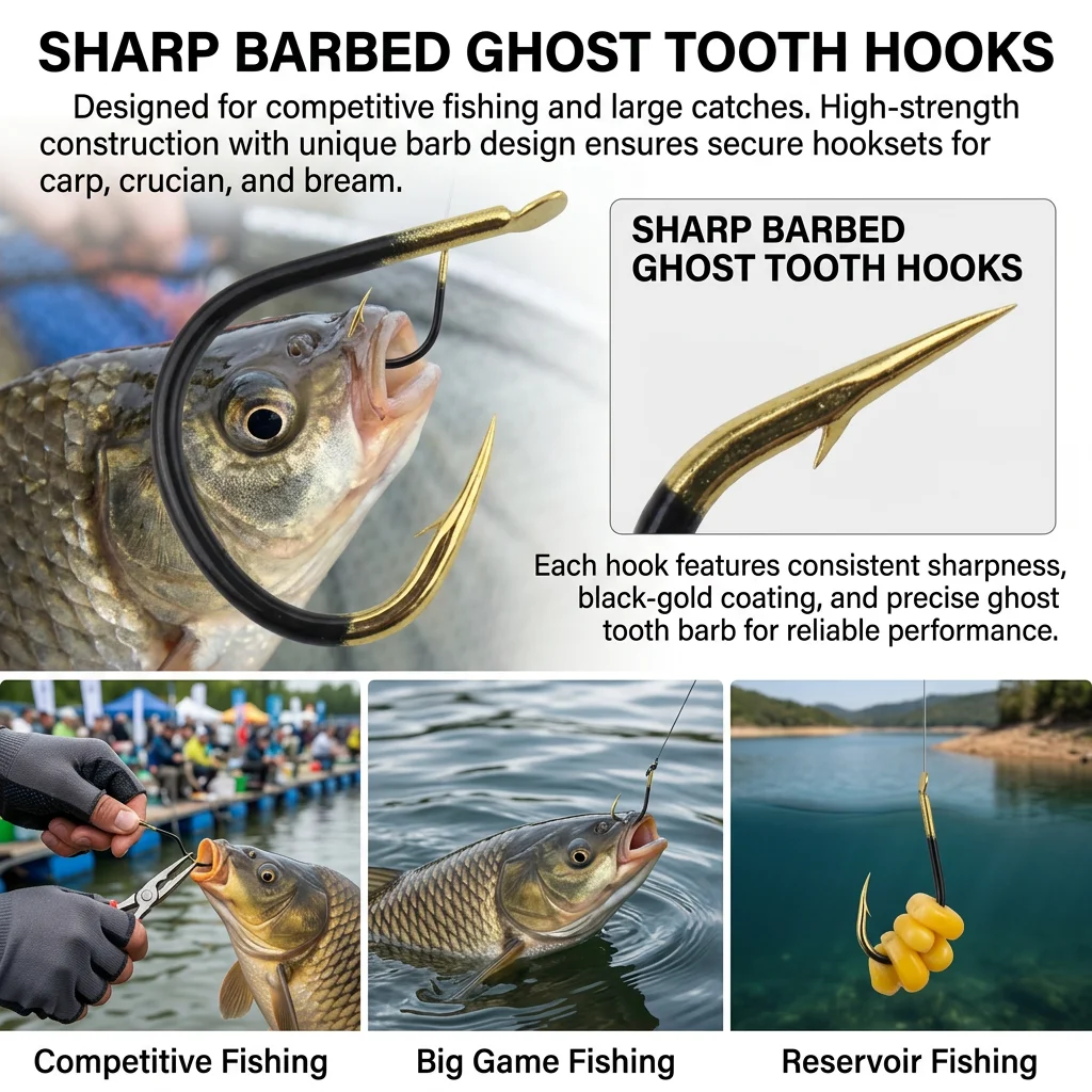 Anzuelo Iseama Black-Gold Ghost Tooth de acero con barbas – Carpa - imagen 2