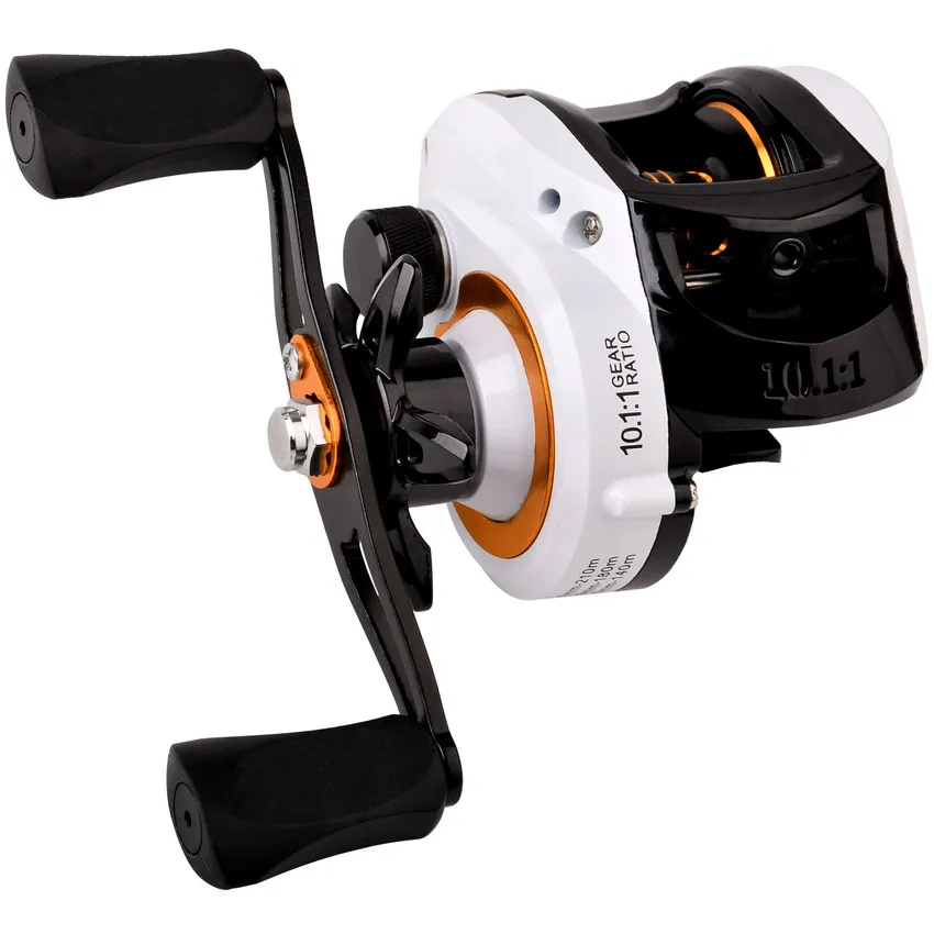 Carrete baitcasting blanco y negro en vista lateral
