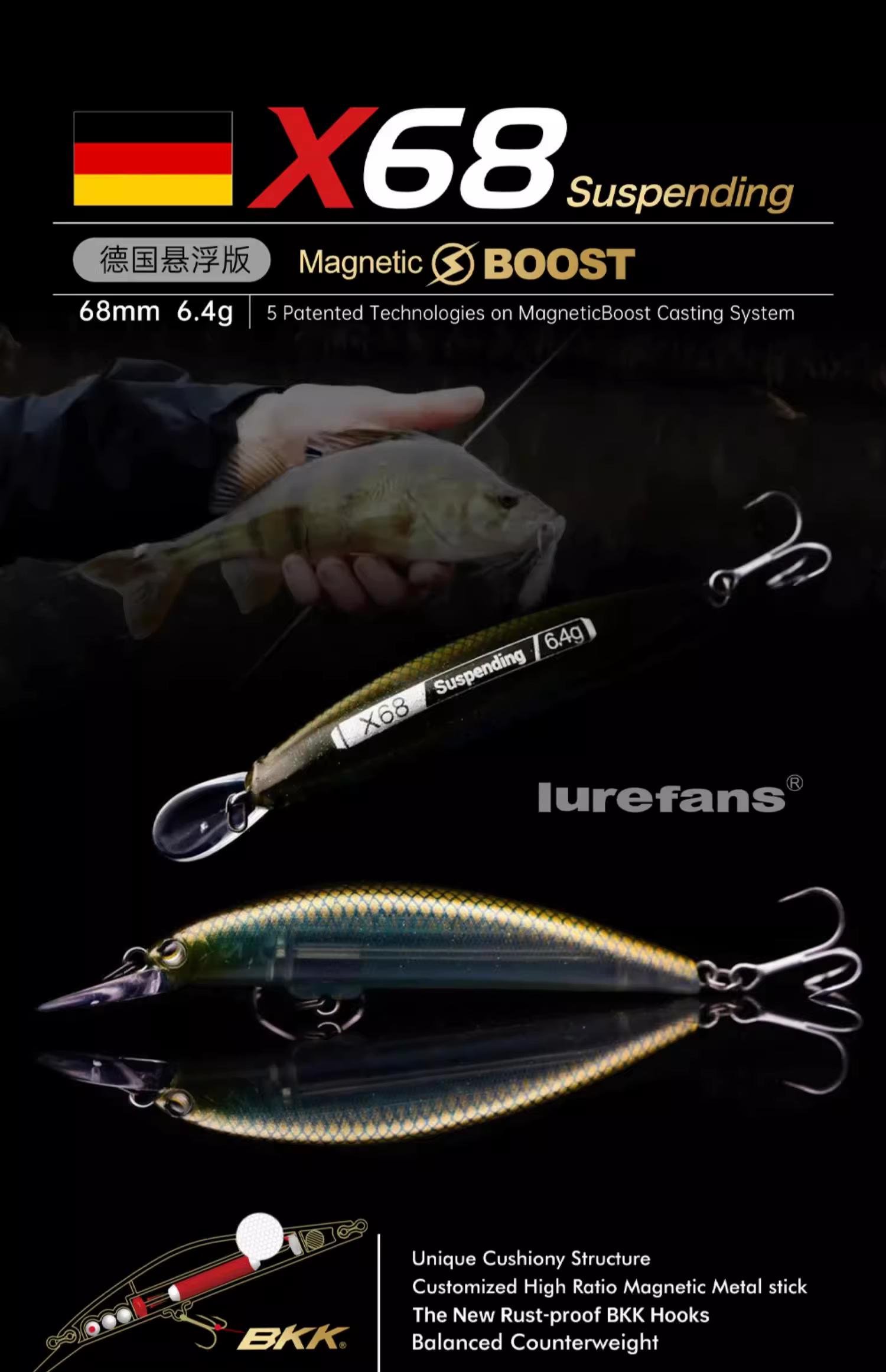 Señuelo minnow en vista frontal con detalles de pintura