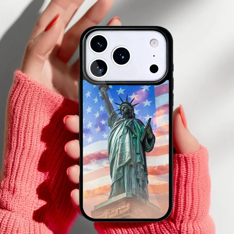 Funda iPhone bandera americana y Estatua de la Libertad