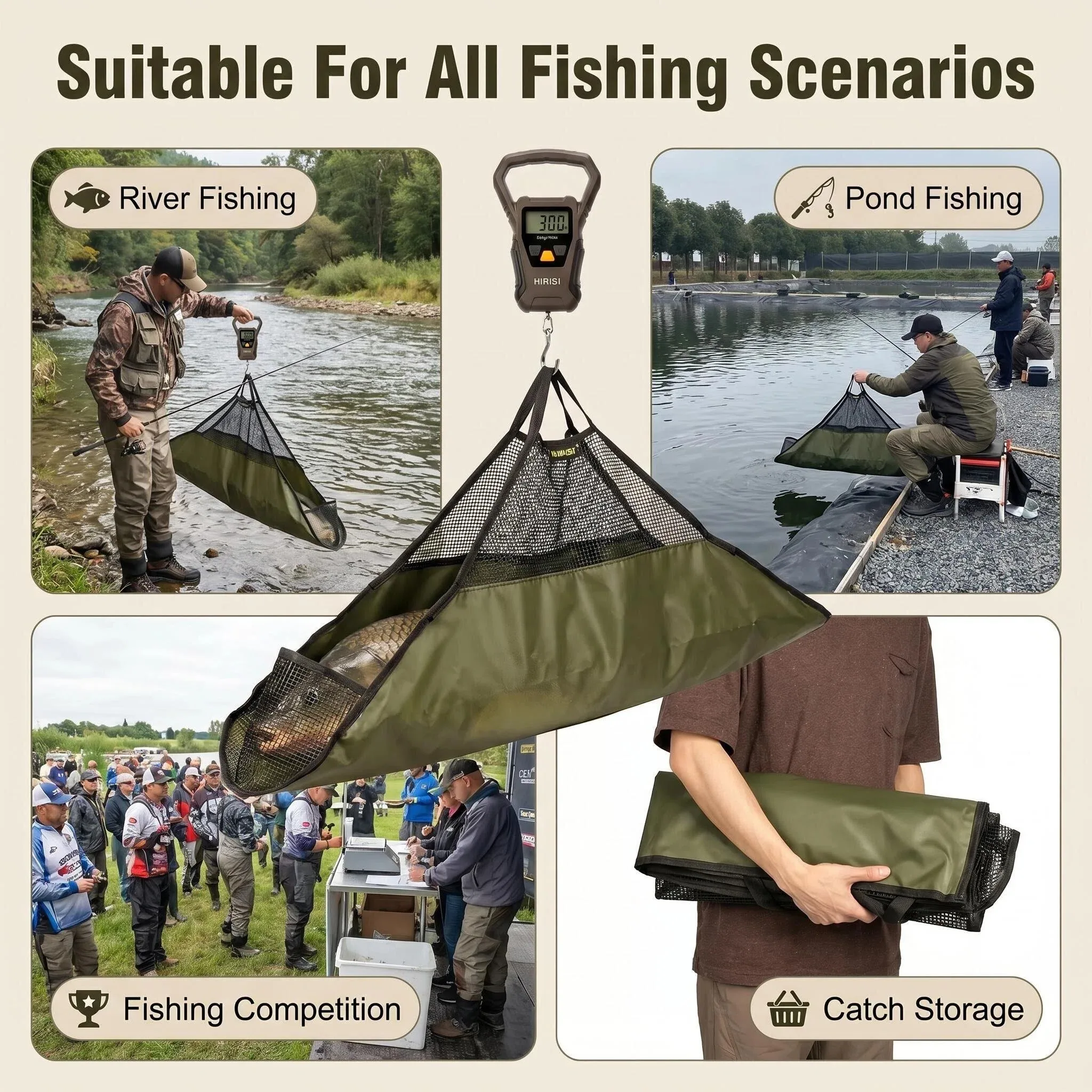 Báscula de pesca plegable 120 cm con malla camuflaje y asa - imagen 4