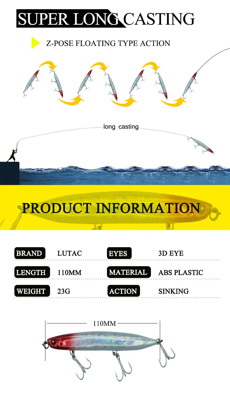 Señuelo LUTAC Long Casting Pencil de 110mm visto desde arriba