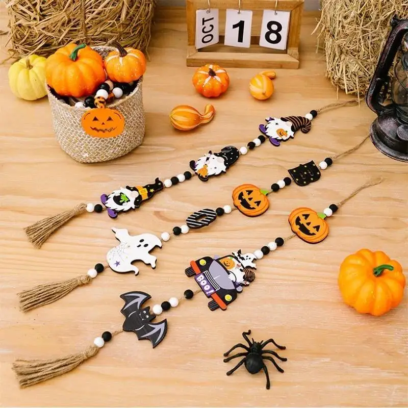 Adornos colgantes calabaza de madera con cuentas para Halloween DIY - imagen 4