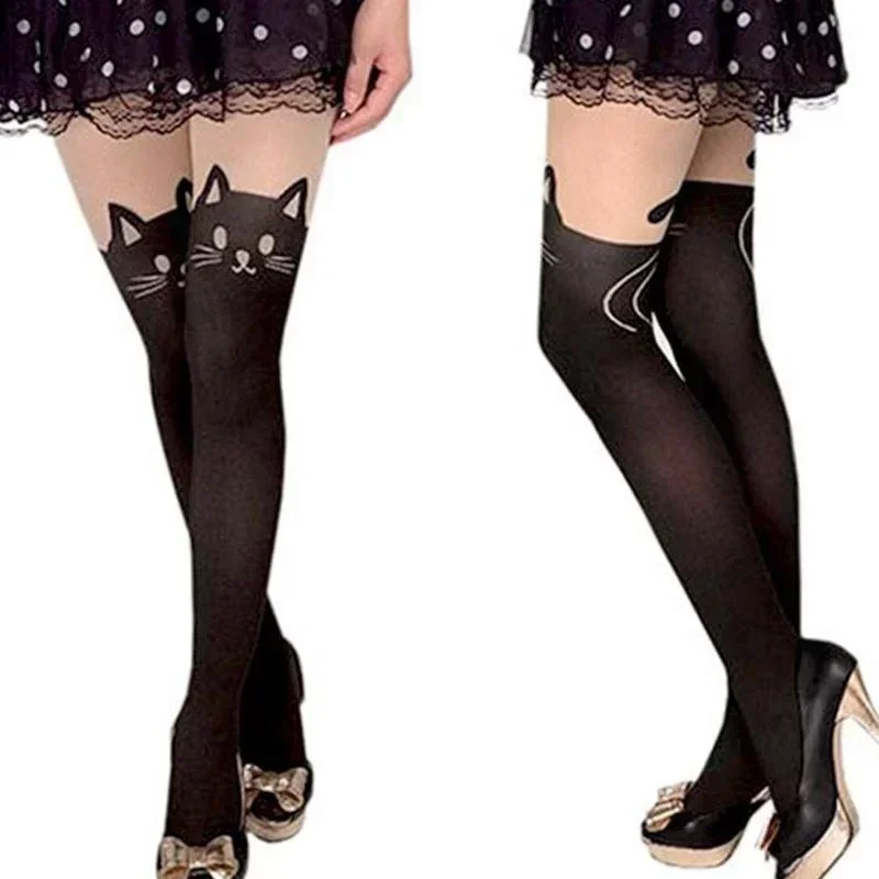 Calcetines largos con estampado de gato – Medium hasta el muslo, diseño veraniego