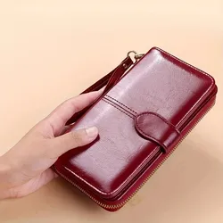 Cartera Larga de Cuero Encerado para Mujer – Gran Capacidad y Viaje