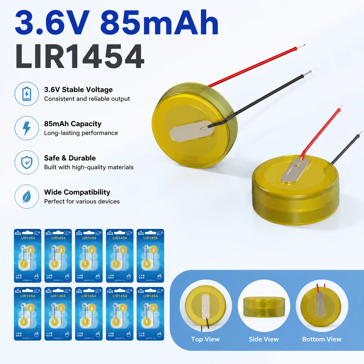 Batería de botón de acero LIR1454 para auriculares Bluetooth TWS