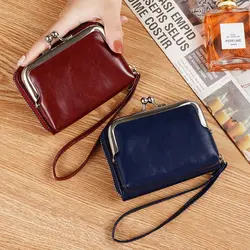 Cartera corta de cuero PU con correa y cierre, gran capacidad
