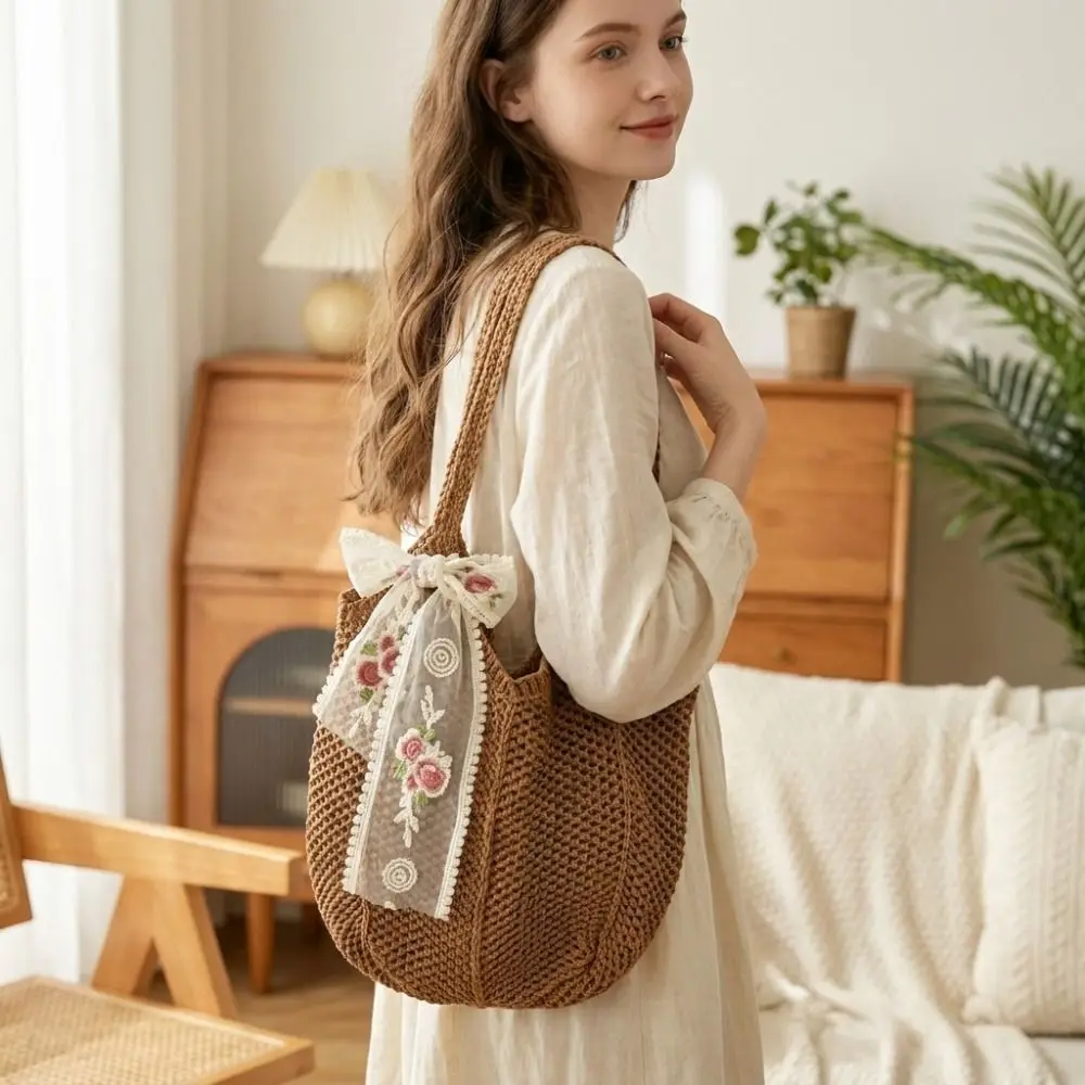 Bolso de ganchillo bohemio de gran capacidad, ligero, con lazo - imagen 4
