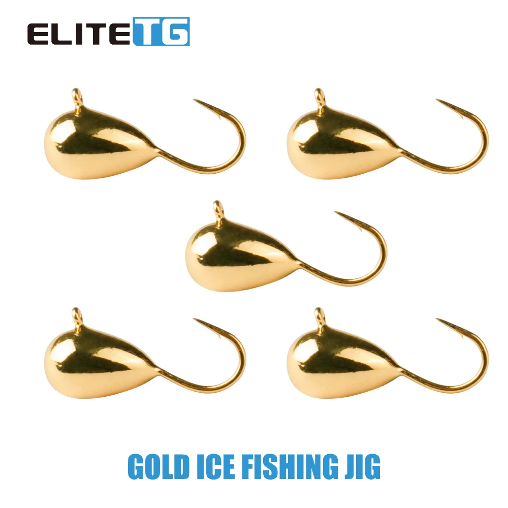 Set de 5 jigs Elite TG color cobre dorado para pesca en hielo
