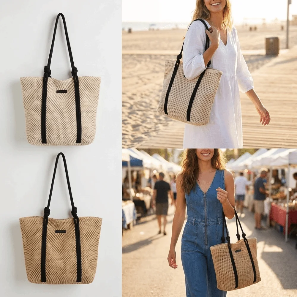Bolso tote de paja tejido a mano con doble asa y ribete - imagen 5