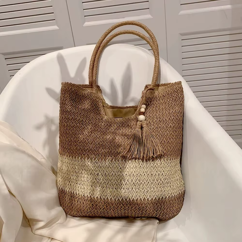 Bolso de playa de paja con borlas, gran capacidad boho