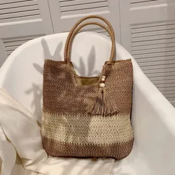 Bolso de playa de paja con borlas, gran capacidad boho