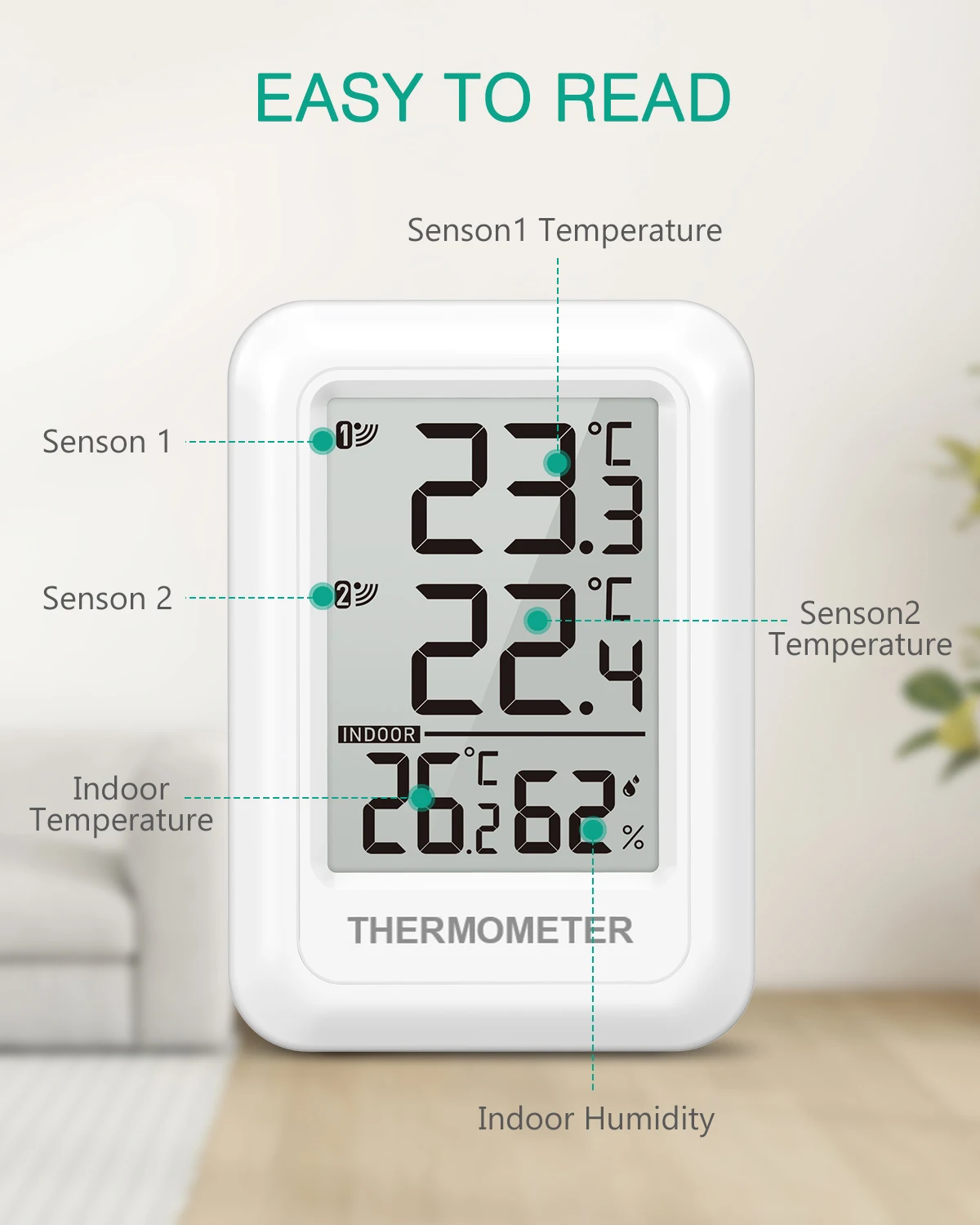 Pantalla digital mostrando temperatura interior y exterior con humedad